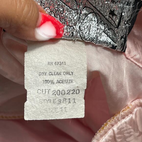 VTG 80s Pink Satin Brocade Long Blazer L Coquette Pretty in Pink Shoulder Pads - Picture 8 of 8